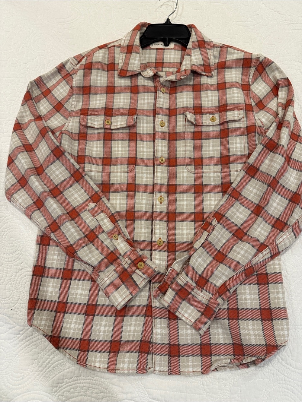 Lucky Brand Terra Cotta and Cream Plaid Long-Sleeve Button-Up Flannel Shirt